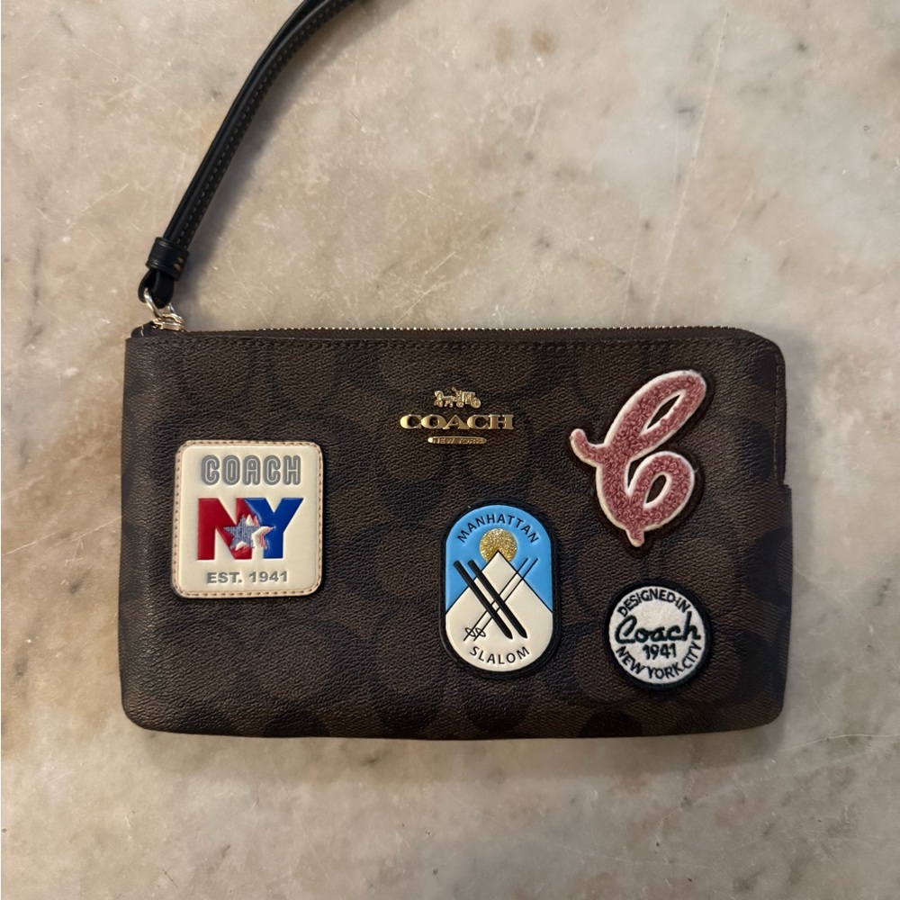Coach Monogram Brown Wristlet with Patches